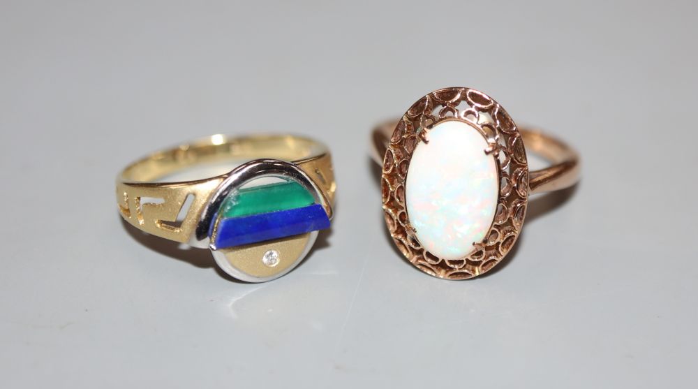 A 14k and white opal oval dress ring and a 585 diamond and chalcedony? set modern ring, sizes M/N, gross 7.2 grams.